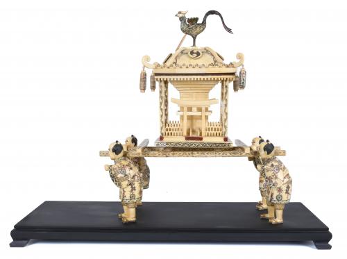 CHINESE BONE CARVING, "CEREMONIAL GAIT WITH PAGODA", 20TH C