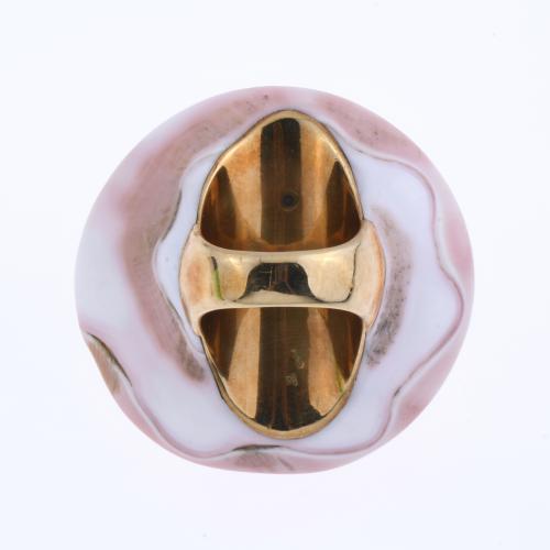 LARGE SHELL RING WITH COLOURED STONES AND DIAMONDS.