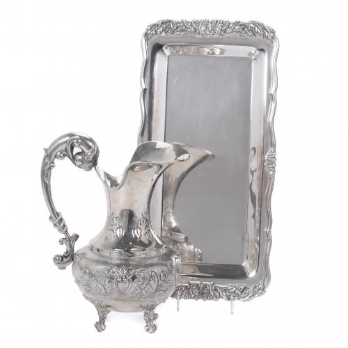 VICTORIAN STYLE SILVER WATER JUG AND TRAY, MID 20TH CENTURY
