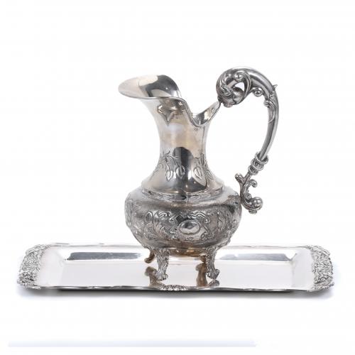 VICTORIAN STYLE SILVER WATER JUG AND TRAY, MID 20TH CENTURY
