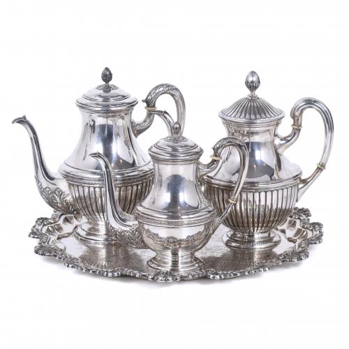 SET OF THREE EDWARDIAN STYLE TEAPOTS AND A TRAY, 20TH CENTU