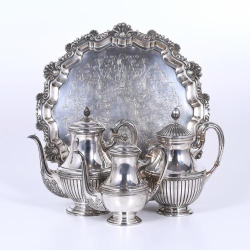 SET OF THREE EDWARDIAN STYLE TEAPOTS AND A TRAY, 20TH CENTU