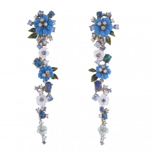 LONG CASCADE EARRINGS WITH FLOWERS, ENAMEL, CIRCUS AND MOTH