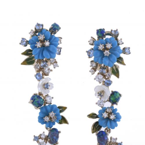 LONG CASCADE EARRINGS WITH FLOWERS, ENAMEL, CIRCUS AND MOTH