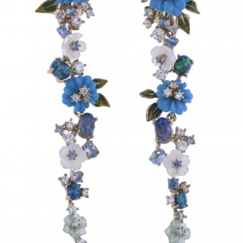 LONG CASCADE EARRINGS WITH FLOWERS, ENAMEL, CIRCUS AND MOTH