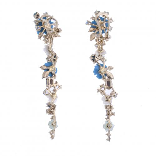 LONG CASCADE EARRINGS WITH FLOWERS, ENAMEL, CIRCUS AND MOTH