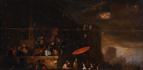 ESCUELA EUROPEA, SIGLO XVII. Fragmento de una escena mitológica de mayor medida en la que el rey ordena la mutilación de los ojos a un enemigo.