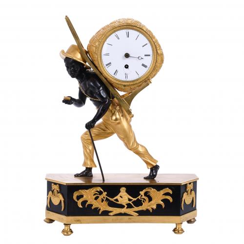  ATRIBUIDO A JEAN-ANDRÉ REICHE (1752-1817), MAESTRO EN PARÍS, "AU PALAIS ROYAL". RELOJ DE PÉNDULO DIRECTORIO "LE PORTEFAIX AU BON SAUVAGE", CIRCA 1800. 