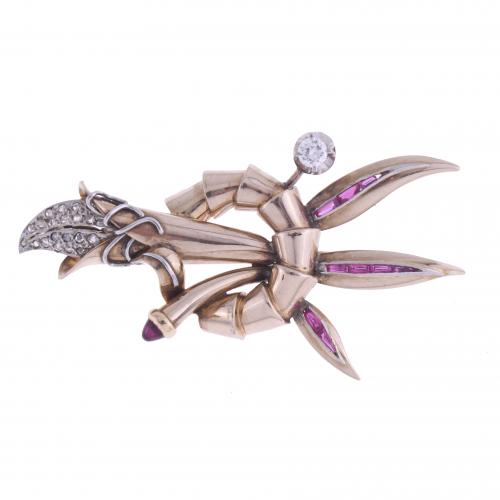 DIAMONDS AND RUBIES BROOCH, 1940'S.