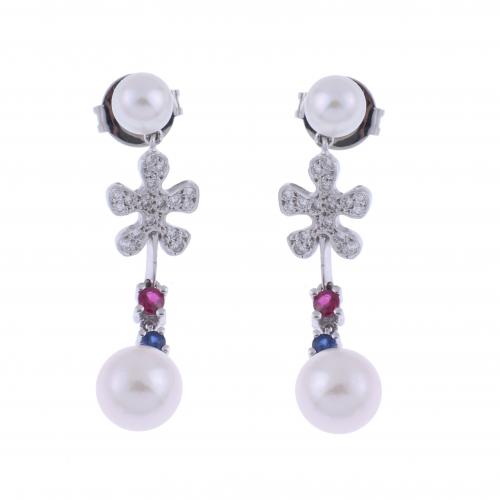 PENDIENTES LARGOS CON PERLA, RUBÍ Y ZAFIRO.