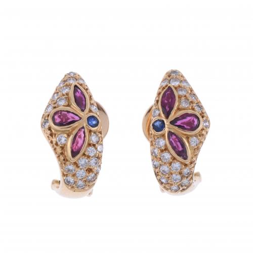 DIAMONDS, RUBIES AND SAPPHIRES FLORAL EARRINGS.