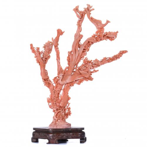 EARLY 20TH CENTURY CHINESE SCHOOL. CORAL CARVING "BIRDS ON A BRANCH".