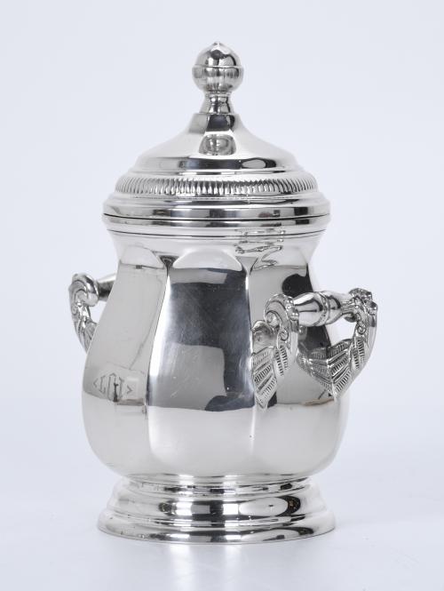 SILVER SUGAR BOWL, STRAINER AND INKWELL SET. LATE 20TH CENT