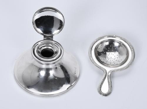 SILVER SUGAR BOWL, STRAINER AND INKWELL SET. LATE 20TH CENT