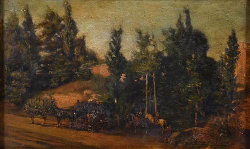 VALERIANO DOMINGUEZ BÉCQUER (1833-1870). "LANDSCAPE WITH A CARRIAGE".