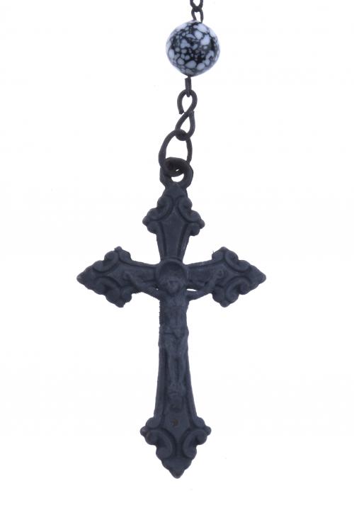 FOUR ROSARIES IN ROCK CRYSTAL, CERAMIC AND GLASS, WITH SILV