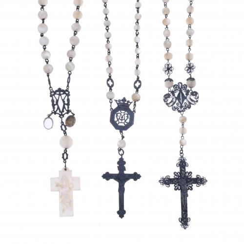THREE MOTHER-OF-PEARL ROSARIES WITH SILVER APPLICATIONS, 20TH CENTURY.