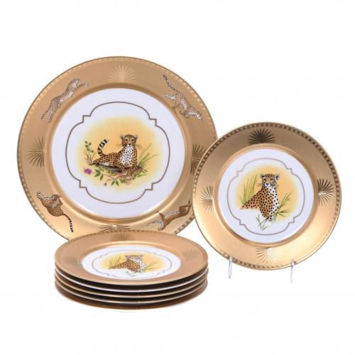 LYNN CHASE DESIGNS. "GOLDEN CHEETAH" MODEL DISHES SET, 20TH CENTURY.