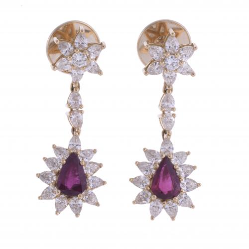 RUBY AND DIAMONDS ROSETTE LONG EARRINGS.