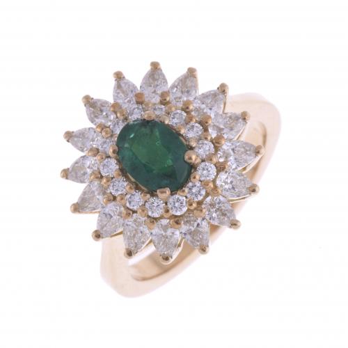 EMERALD AND DIAMONDS ROSETTE RING.