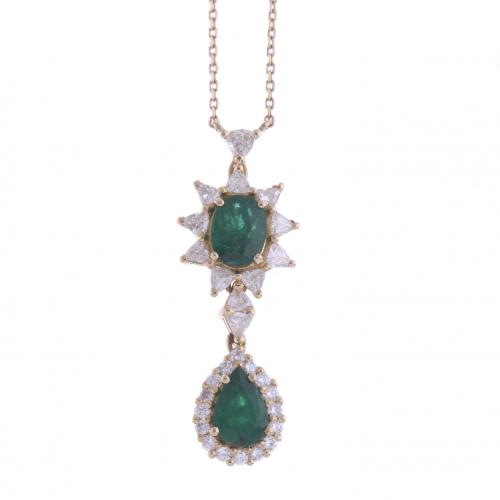 EMERALD AND DIAMONDS ROSETTE AND TEARDROP PENDANT.