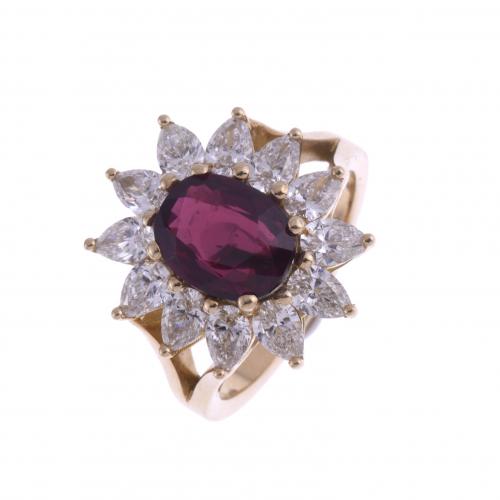 NATURAL RUBY AND DIAMONDS ROSETTE RING.