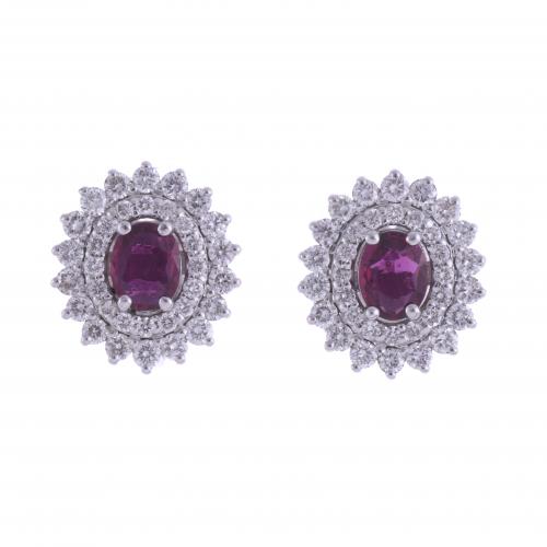 RUBY AND DIAMONDS ROSETTE EARRINGS.