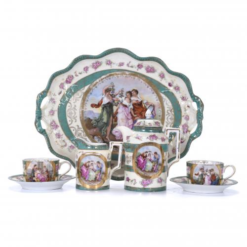 PORCELAIN COFFEE SET WITH CLASSICAL SCENE, 20TH CENTURY.
