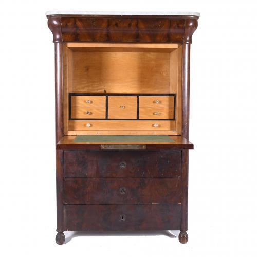 ABATTANT SECRETER WITH DRAWER UNIT. LOUIS PHILIPPE STYLE, IN MAHOGANY ROOT, CIRCA 1940. 