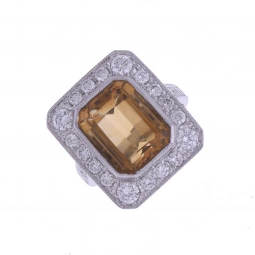 ART DECO STYLE RING WITH LARGE CITRINE AND DIAMONDS. 