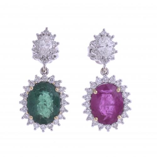RUBY AND EMERALD ROSETTE COMBINED EARRINGS.