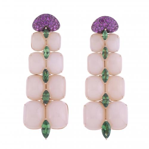 LONG EARRINGS WITH AGATE, TSAVORITE GARNET AND RUBY.