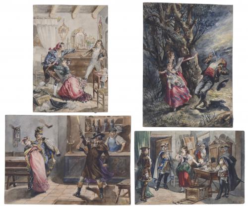 LLUÍS LABARTA I GRAÑÉ (1852-1924). Conjunto de 4 ilustraciones con escenas violentas.