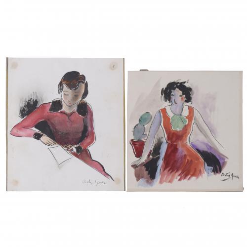 AVEL·LI ARTIS-GENER (1912-2000). Pair of drawings "GIRL IN RED DRESS".
