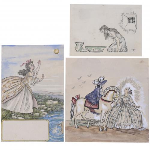 LOLA ANGLADA (1892-1984). Set of 3 illustrations, one of them for the book "El Rey Rana".