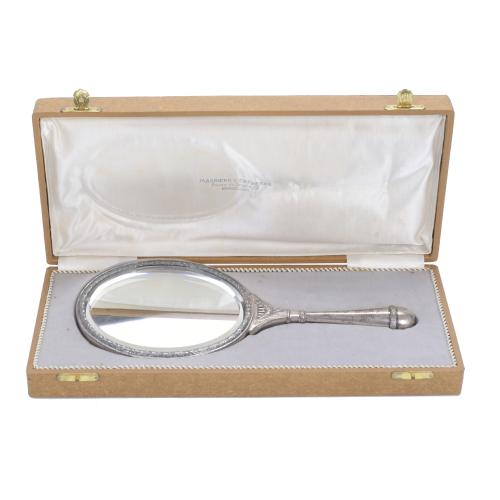 LOUIS XVI STYLE SILVER HAND MIRROR BY MASRIERA, 20TH CENTURY.