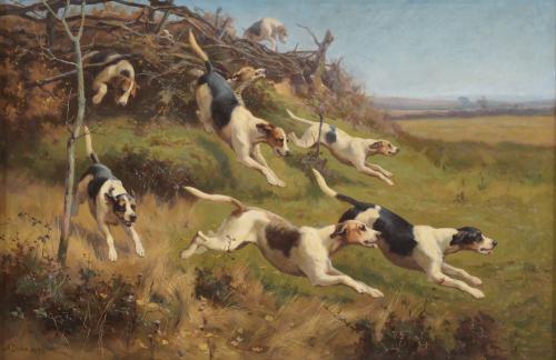 ALFRED DUKE (1836-1915). "HUNTING DOGS", 1892.