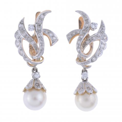 PENDIENTES CON DIAMANTES Y PERLA, AÑOS 50.