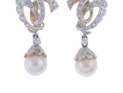 PENDIENTES CON DIAMANTES Y PERLA, AÑOS 50.