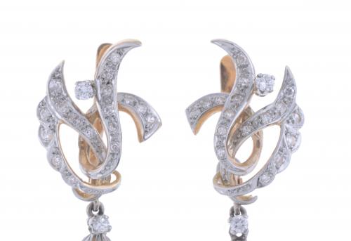 PENDIENTES CON DIAMANTES Y PERLA, AÑOS 50.