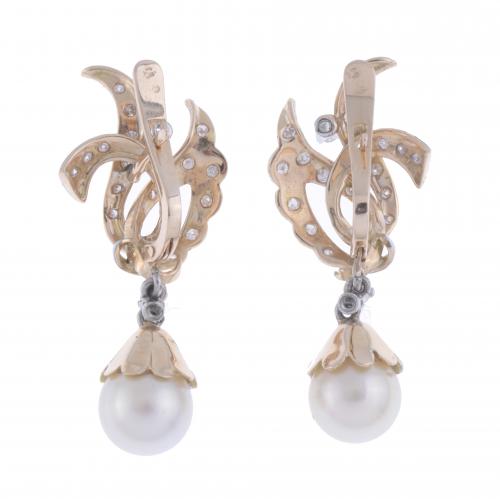 PENDIENTES CON DIAMANTES Y PERLA, AÑOS 50.