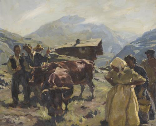 JOSEP SERRASANTA (1916-1998). "MOUNTAIN SCENE WITH FIGURES AND OXEN", 1950.