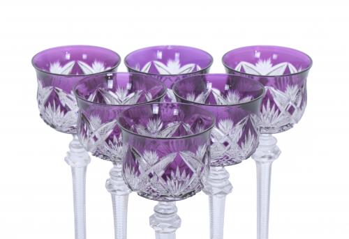 SEIS COPAS EN CRISTAL TALLADO BICOLOR, SIGLO XX.