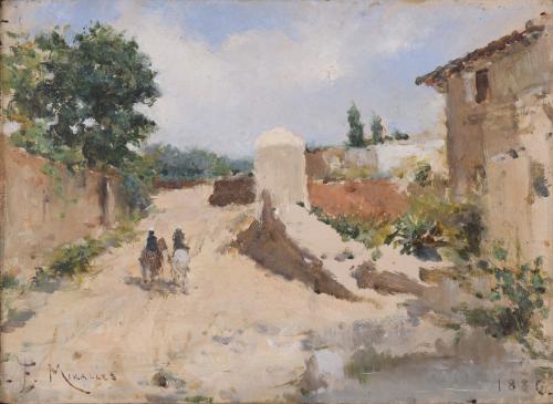 FRANCISCO MIRALLES Y GALUP (1848-1901). "LANDSCAPE WITH FIGURES ON HORSEBACK", 1886.