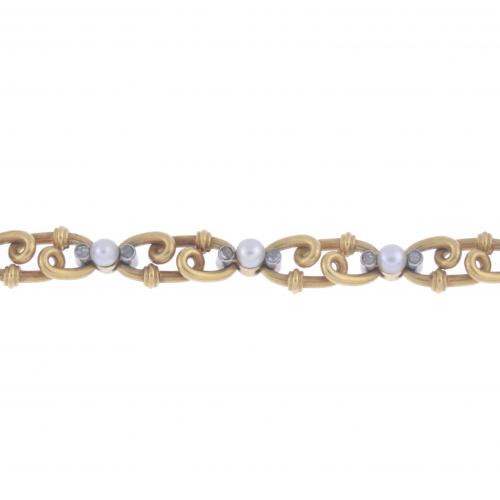 PULSERA  ESLABONES CON PERLAS Y DIAMANTES.