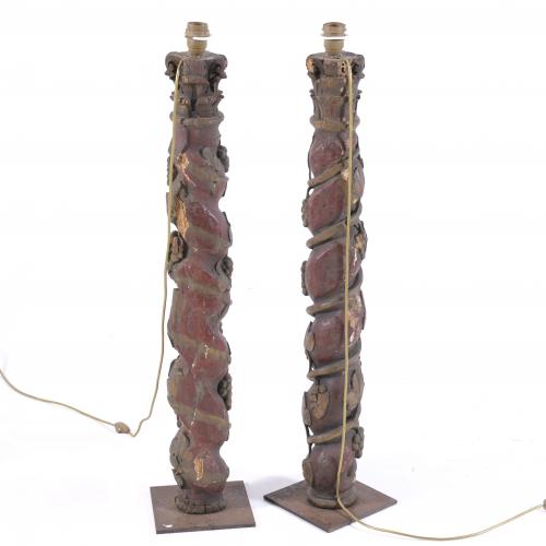 PAIR OF BAROQUE COLUMNS CONVERTED INTO LAMPS, 18TH CENTURY.
