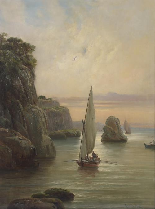 RICARDO MARTÍ AGUILÓ (1868-1936). "SEASCAPE WITH A SAILBOAT".