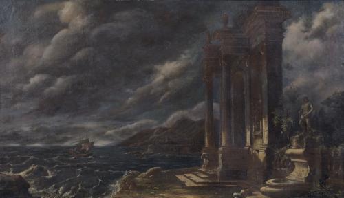 18TH CENTURY ITALIAN SCHOOL. "SEASCAPE AND RUIN".