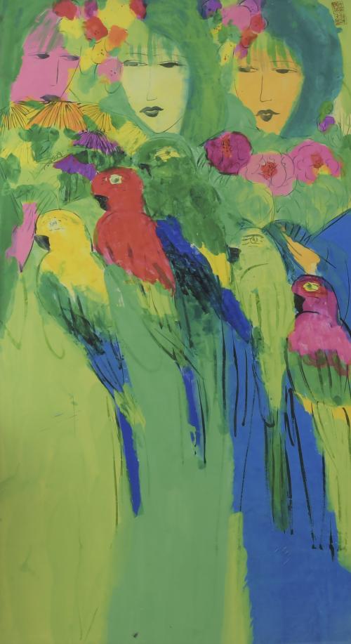 AFTER WALLASSE TING (20TH CENTURY). "THREE FIGURES AND PARROTS".