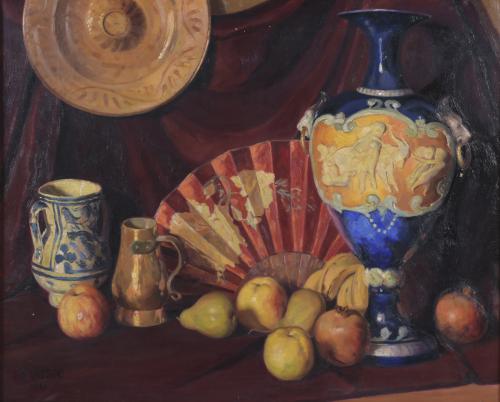 JOSEP Mª VILÀ CANYELLES (1913-2001). "STILL LIFE WITH A VASE, A FAN AND FRUIT", 1932.